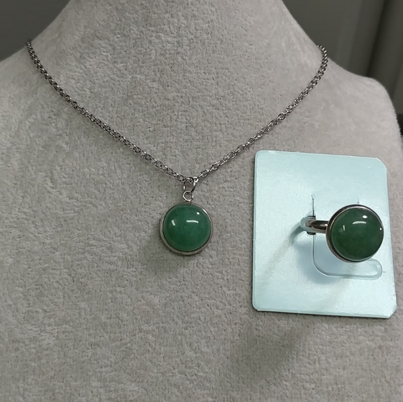 Aventurine Necklace & Ring Set Natural Gemstone Adjustable Stainless-Steel Ring - Picture 11 of 11